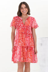 Wilma Mini Dress - Bermuda Collar Button Down Cape Sleeve Dress in Ita Print Pink