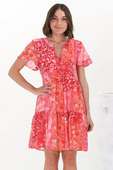 Wilma Mini Dress - Bermuda Collar Button Down Cape Sleeve Dress in Ita Print Pink