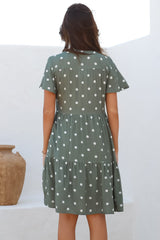 Wilma Mini Dress - Bermuda Collar Button Down Dress with Cap Sleeves in Parisian Polka Khaki