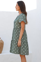 Wilma Mini Dress - Bermuda Collar Button Down Dress with Cap Sleeves in Parisian Polka Khaki