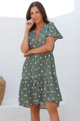 Wilma Mini Dress - Bermuda Collar Button Down Dress with Cap Sleeves in Parisian Polka Khaki