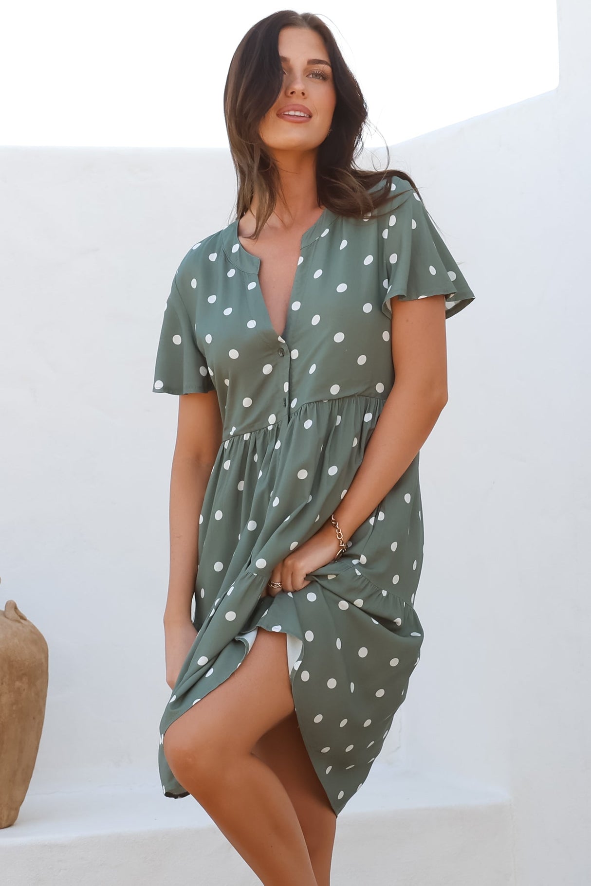 Wilma Mini Dress - Bermuda Collar Button Down Dress with Cap Sleeves in Parisian Polka Khaki