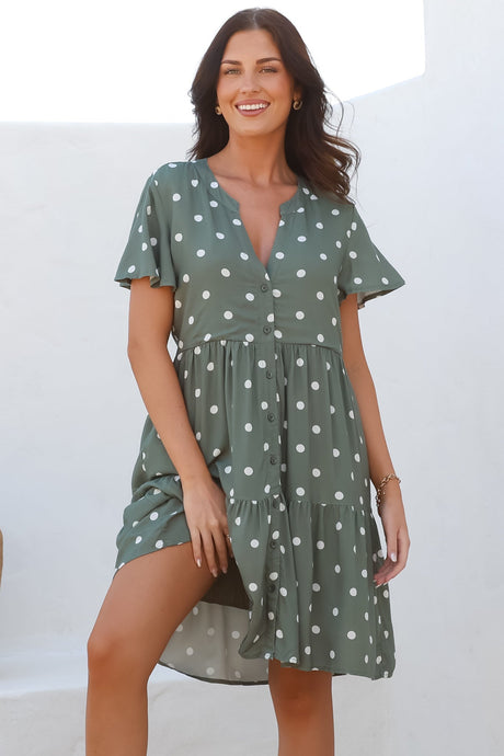 Wilma Mini Dress - Bermuda Collar Button Down Dress with Cap Sleeves in Parisian Polka Khaki
