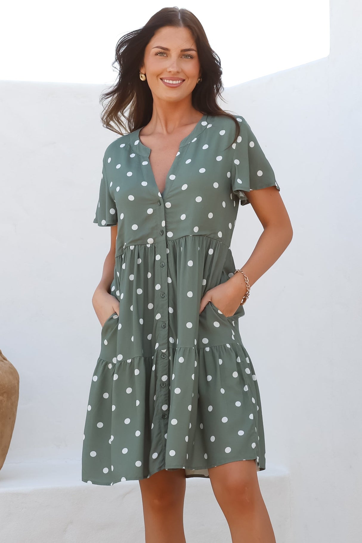 Wilma Mini Dress - Bermuda Collar Button Down Dress with Cap Sleeves in Parisian Polka Khaki
