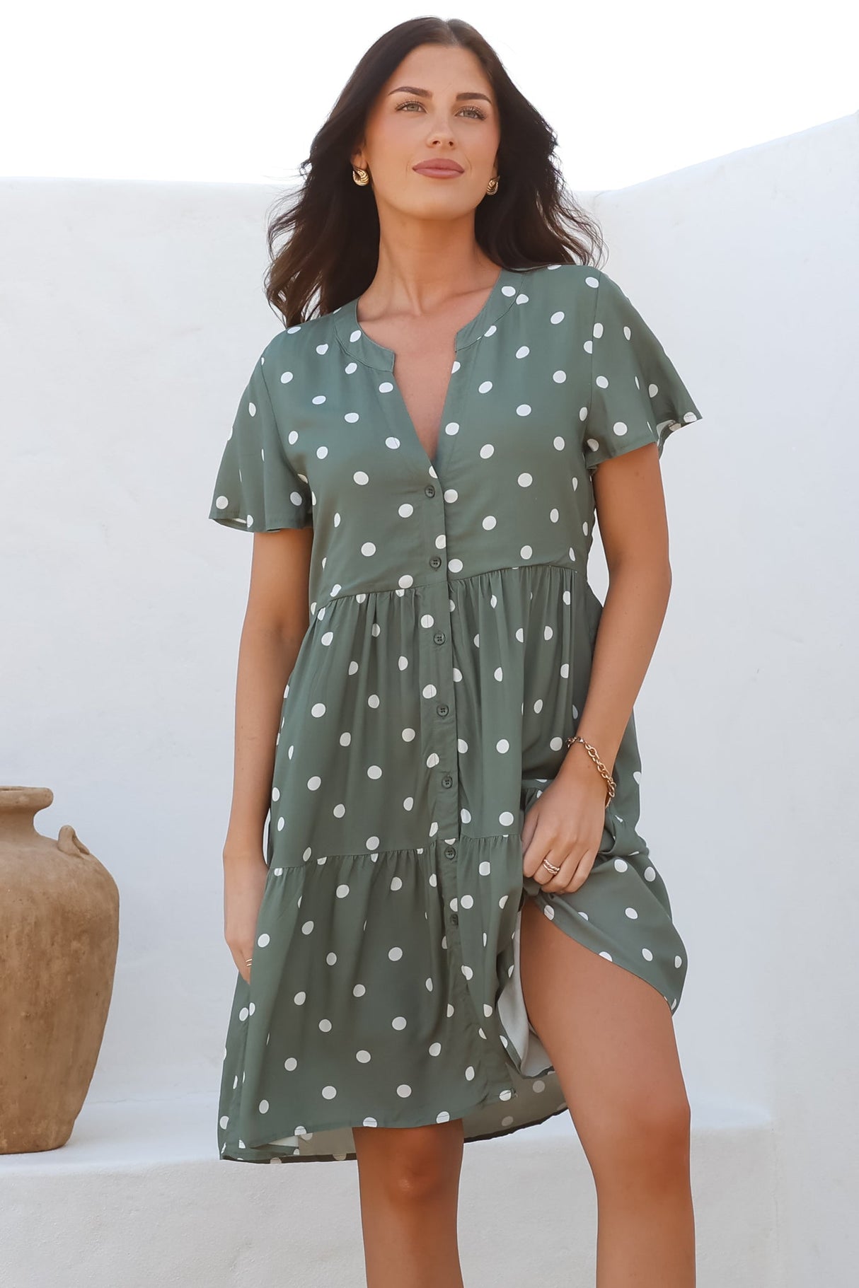 Wilma Mini Dress - Bermuda Collar Button Down Dress with Cap Sleeves in Parisian Polka Khaki