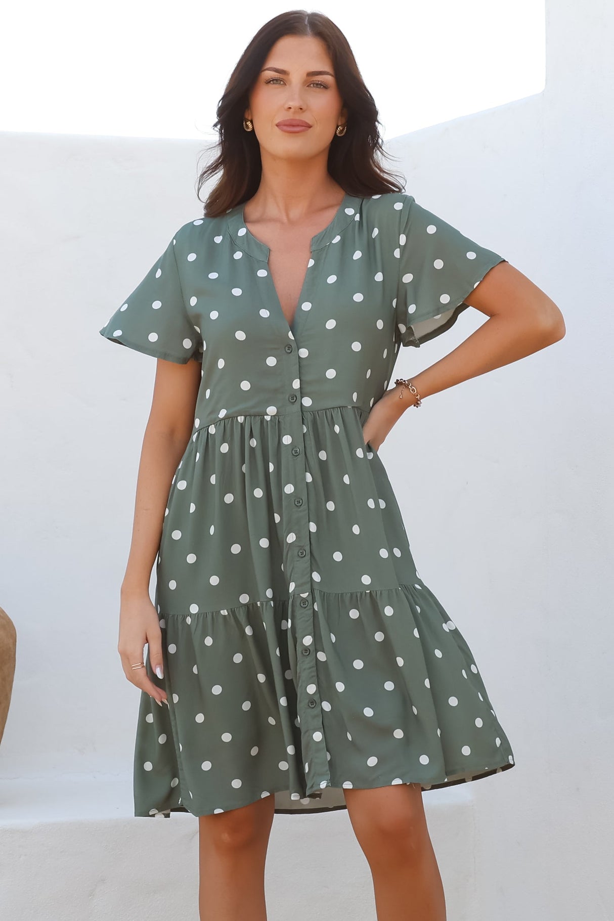 Wilma Mini Dress - Bermuda Collar Button Down Dress with Cap Sleeves in Parisian Polka Khaki