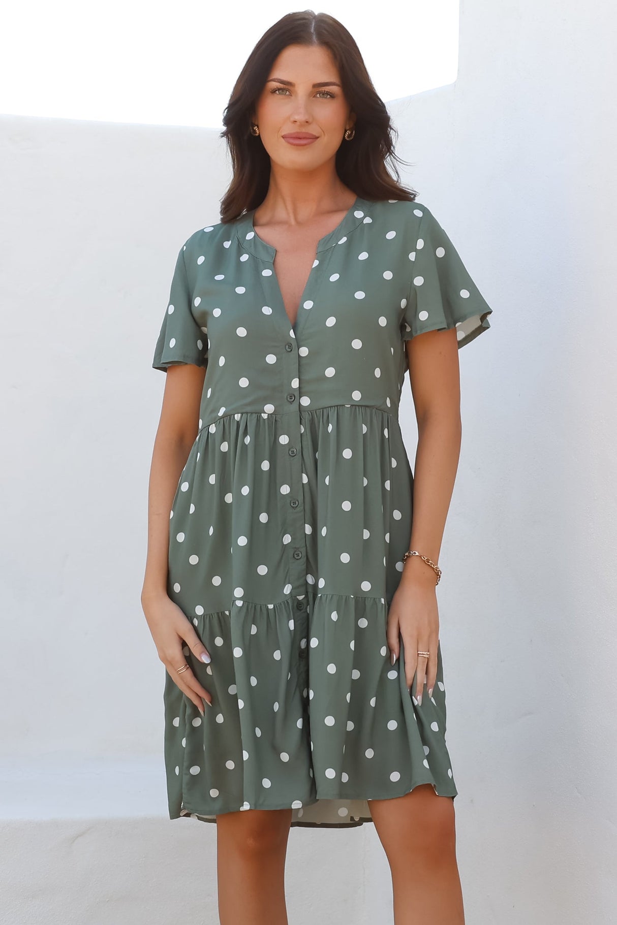 Wilma Mini Dress - Bermuda Collar Button Down Dress with Cap Sleeves in Parisian Polka Khaki
