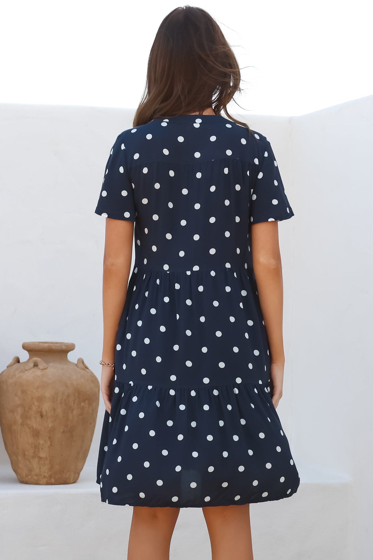 Wilma Mini Dress - Bermuda Collar Button Down Dress with Cap Sleeves in Parisian Polka Navy