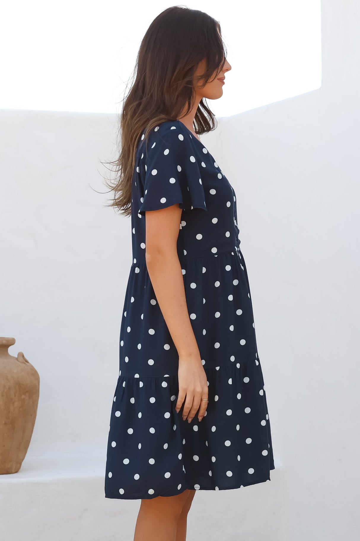 Wilma Mini Dress - Bermuda Collar Button Down Dress with Cap Sleeves in Parisian Polka Navy