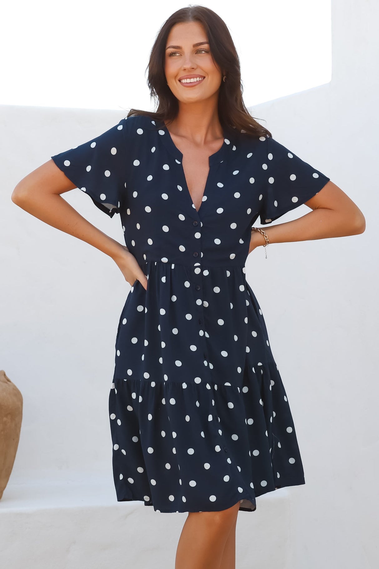 Wilma Mini Dress - Bermuda Collar Button Down Dress with Cap Sleeves in Parisian Polka Navy