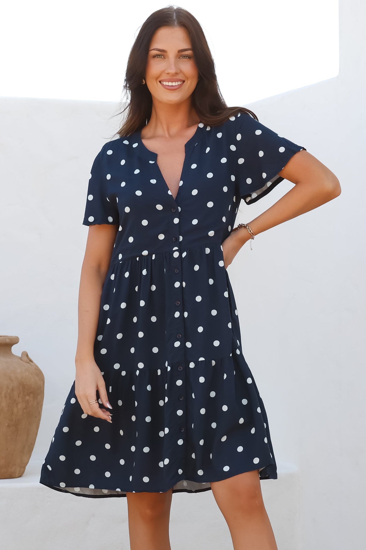 Wilma Mini Dress - Bermuda Collar Button Down Dress with Cap Sleeves in Parisian Polka Navy