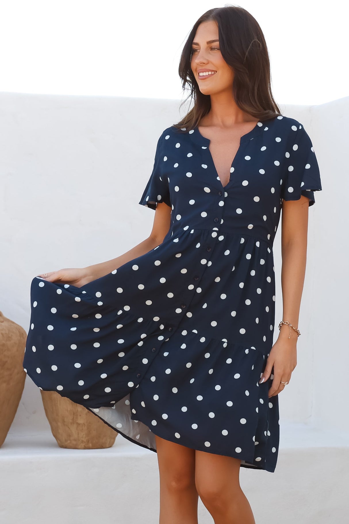 Wilma Mini Dress - Bermuda Collar Button Down Dress with Cap Sleeves in Parisian Polka Navy
