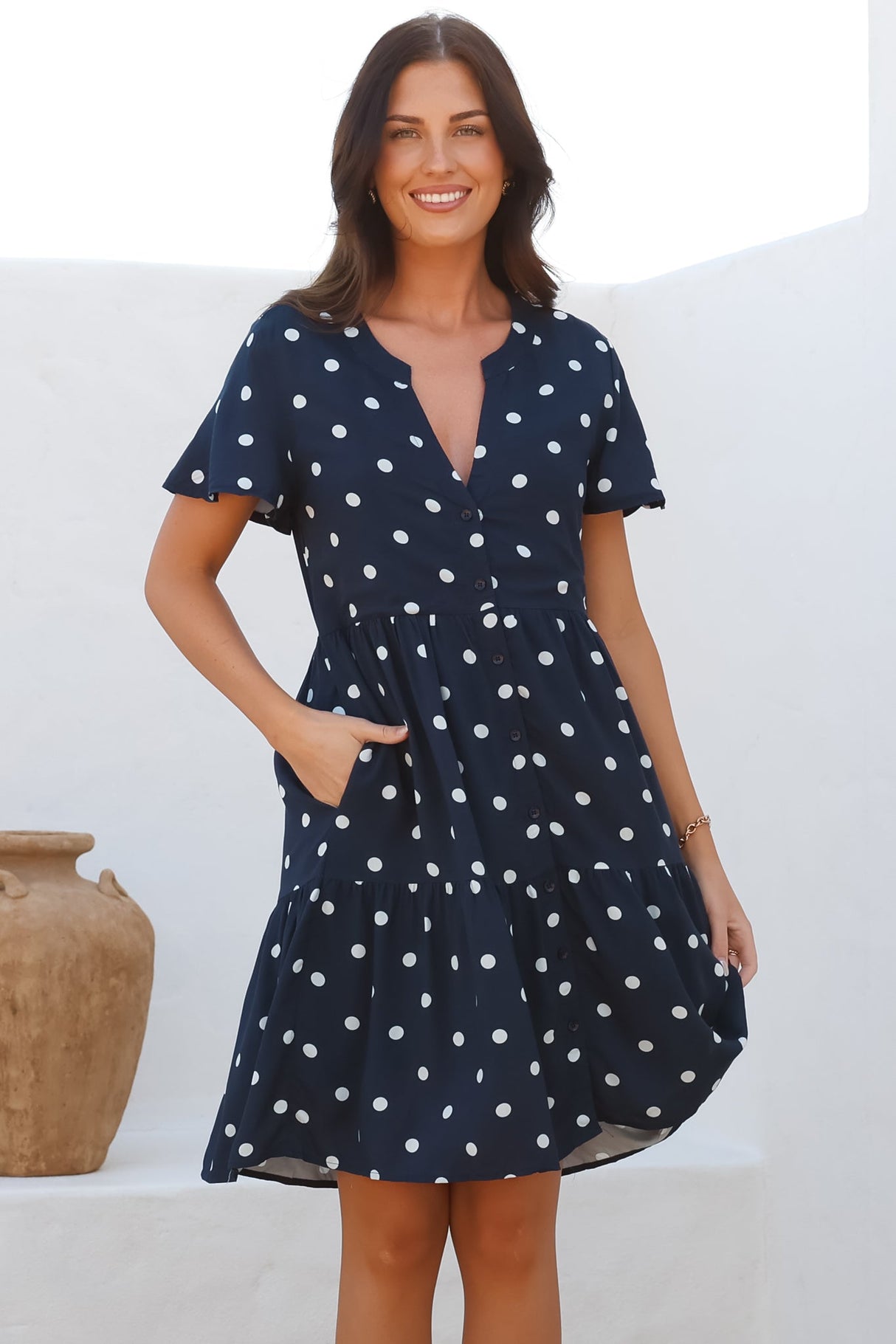 Wilma Mini Dress - Bermuda Collar Button Down Dress with Cap Sleeves in Parisian Polka Navy