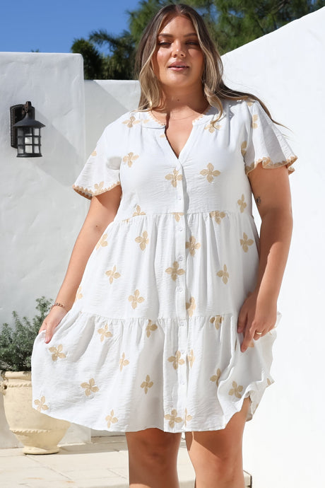 Wilma Mini Dress - Bermuda Collar Button Down Dress with Cap Sleeves in Gigi Print White