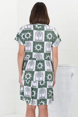 Wilma Mini Dress - Bermuda Collar Button Down Dress with Cap Sleeves in Layah Print Green