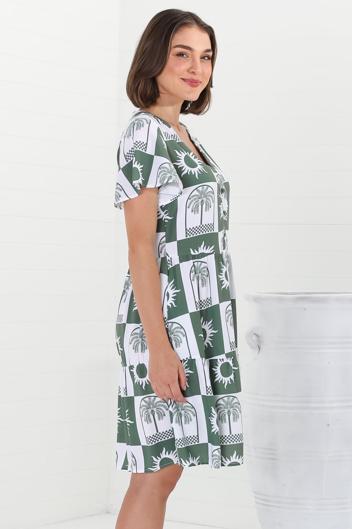 Wilma Mini Dress - Bermuda Collar Button Down Dress with Cap Sleeves in Layah Print Green