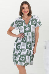 Wilma Mini Dress - Bermuda Collar Button Down Dress with Cap Sleeves in Layah Print Green