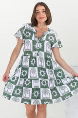 Wilma Mini Dress - Bermuda Collar Button Down Dress with Cap Sleeves in Layah Print Green