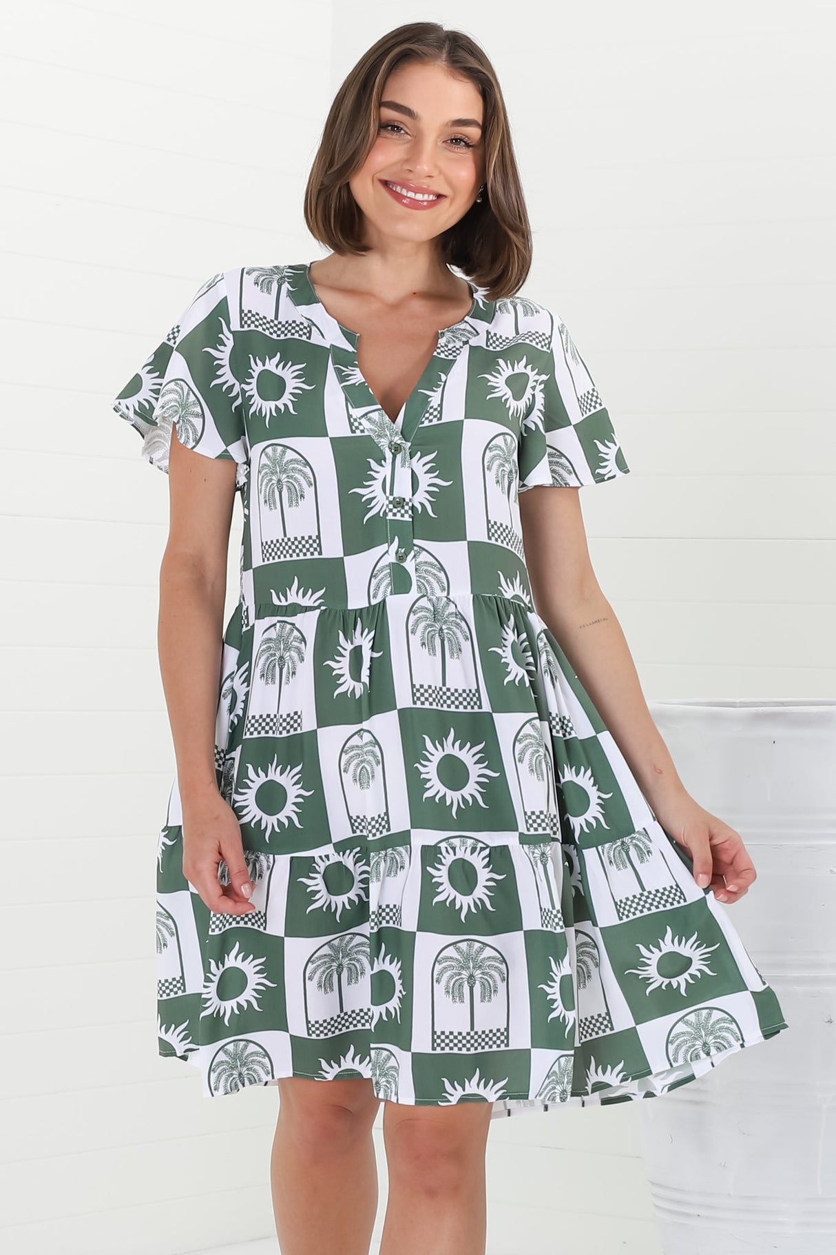 Wilma Mini Dress - Bermuda Collar Button Down Dress with Cap Sleeves in Layah Print Green