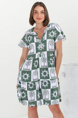 Wilma Mini Dress - Bermuda Collar Button Down Dress with Cap Sleeves in Layah Print Green