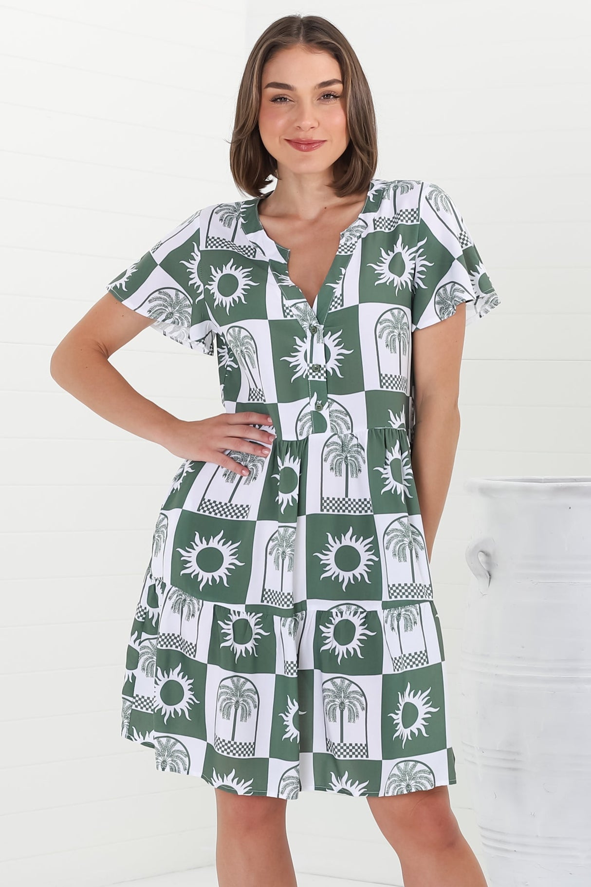 Wilma Mini Dress - Bermuda Collar Button Down Dress with Cap Sleeves in Layah Print Green