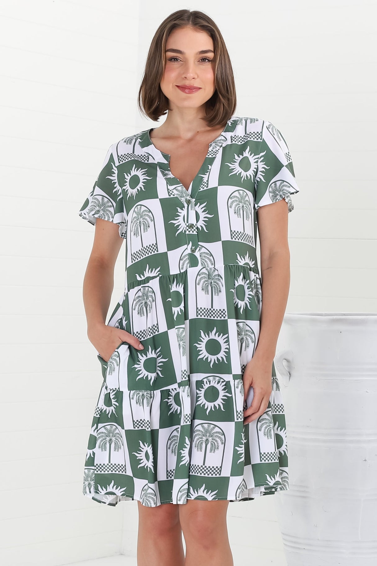 Wilma Mini Dress - Bermuda Collar Button Down Dress with Cap Sleeves in Layah Print Green