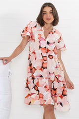 Wilma Mini Dress - Bermuda Collar Button Down Dress with Cap Sleeves in Maine Print Pink