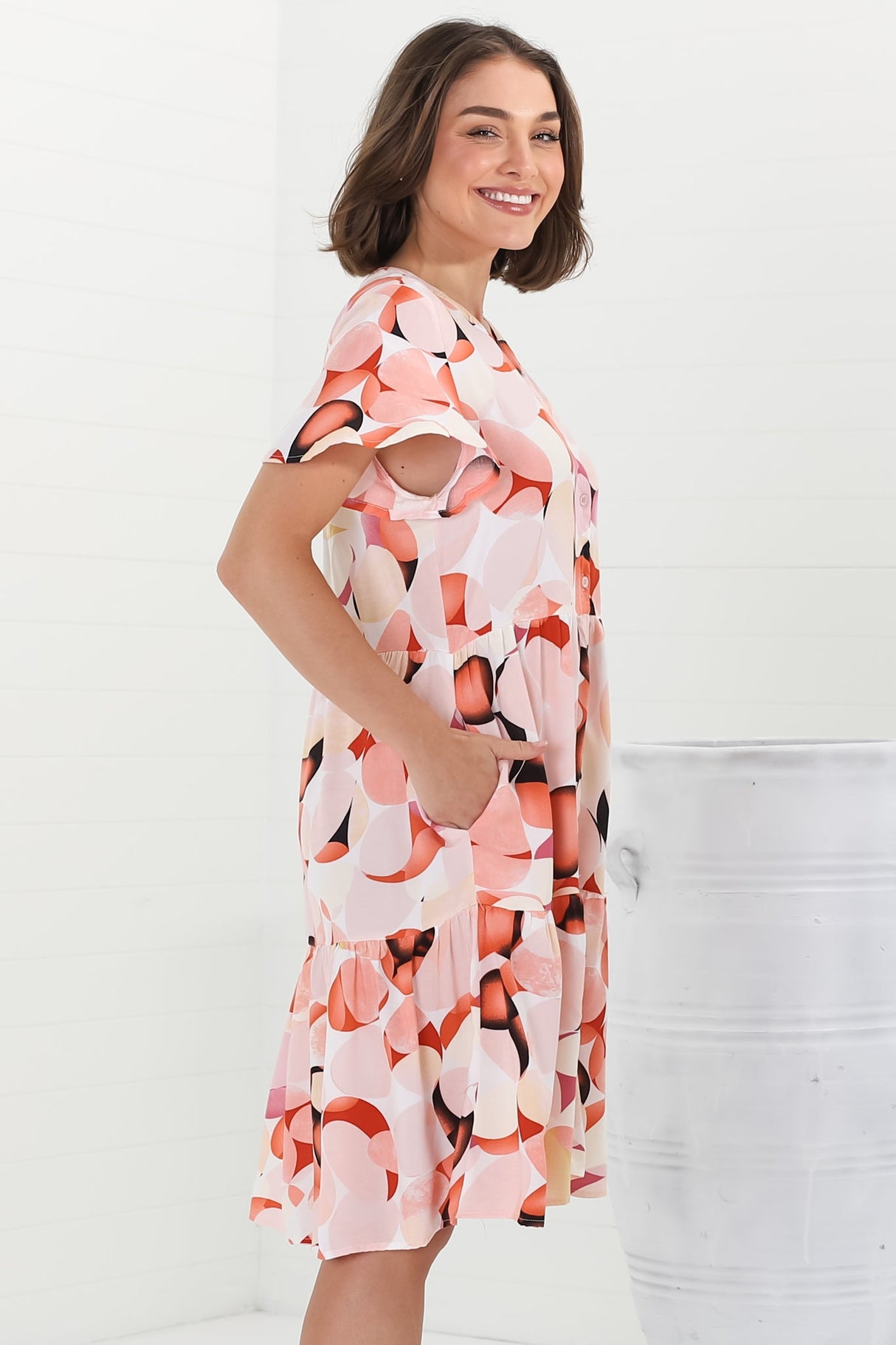 Wilma Mini Dress - Bermuda Collar Button Down Dress with Cap Sleeves in Maine Print Pink