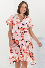 Wilma Mini Dress - Bermuda Collar Button Down Dress with Cap Sleeves in Maine Print Pink