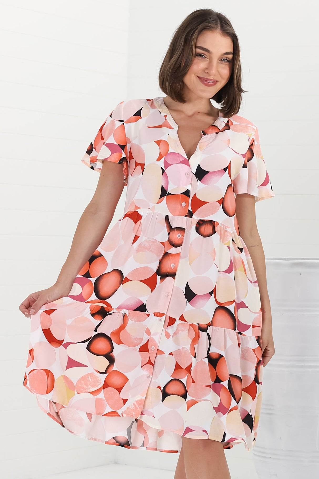 Wilma Mini Dress - Bermuda Collar Button Down Dress with Cap Sleeves in Maine Print Pink