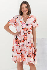 Wilma Mini Dress - Bermuda Collar Button Down Dress with Cap Sleeves in Maine Print Pink