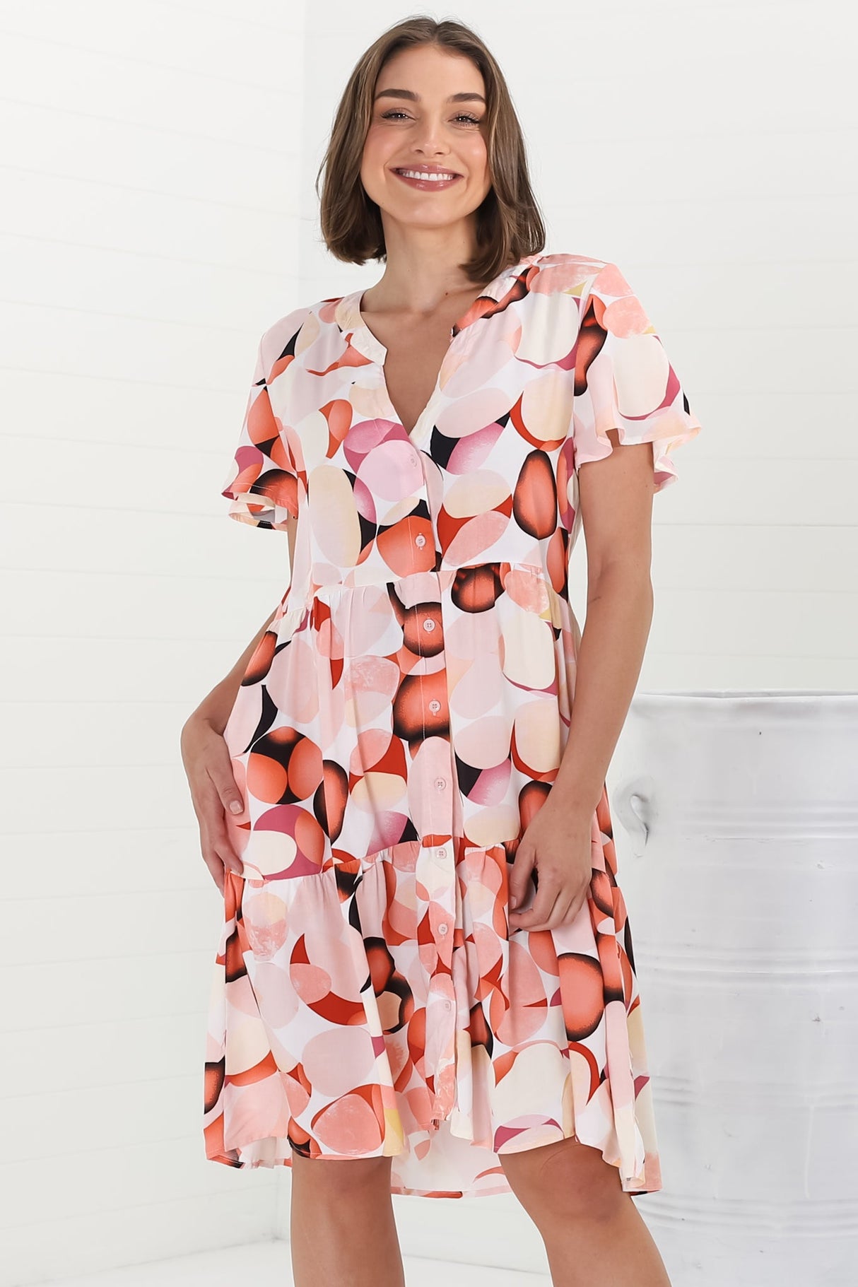 Wilma Mini Dress - Bermuda Collar Button Down Dress with Cap Sleeves in Maine Print Pink