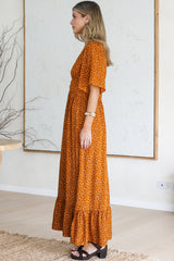Winifred Maxi Dress - V Neck Button-Front A Line Dress with Flutter Sleeves in Leora Print Mustard