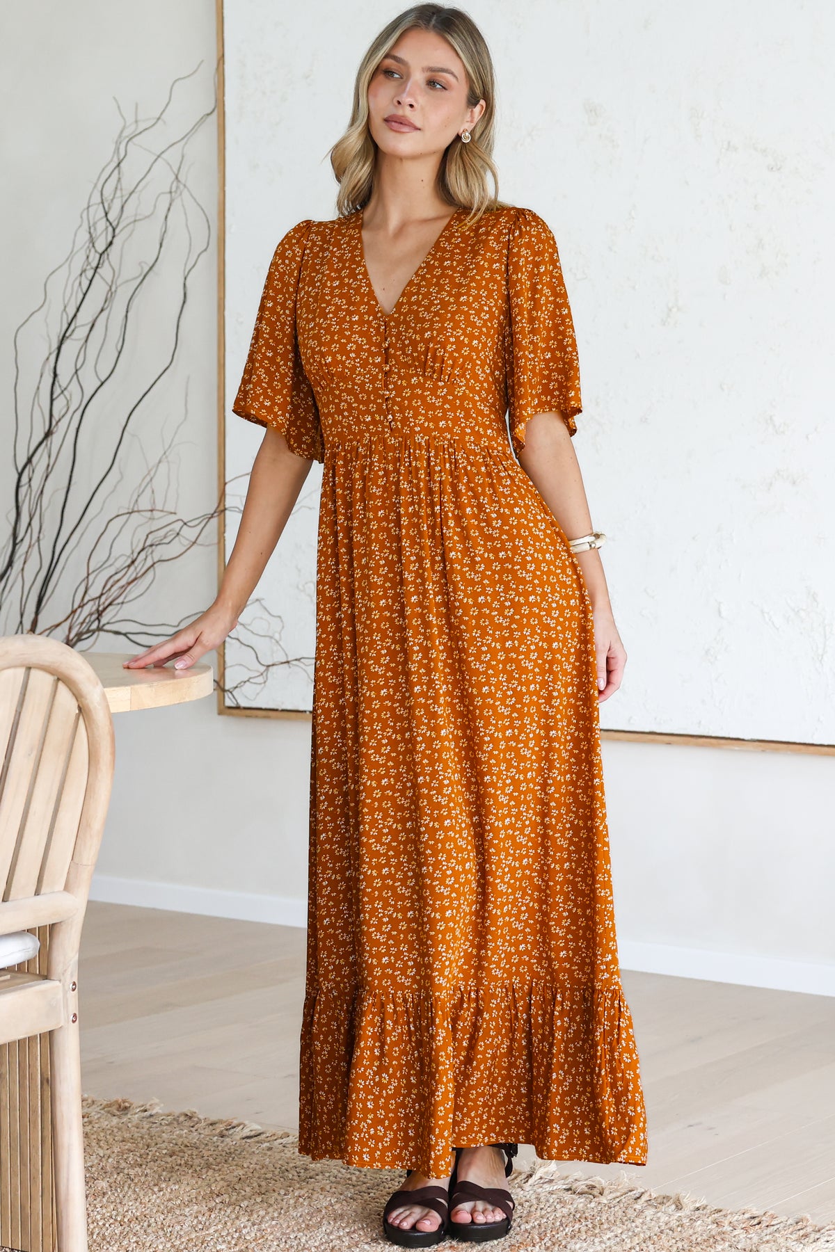 Winifred Maxi Dress - V Neck Button-Front A Line Dress with Flutter Sleeves in Leora Print Mustard