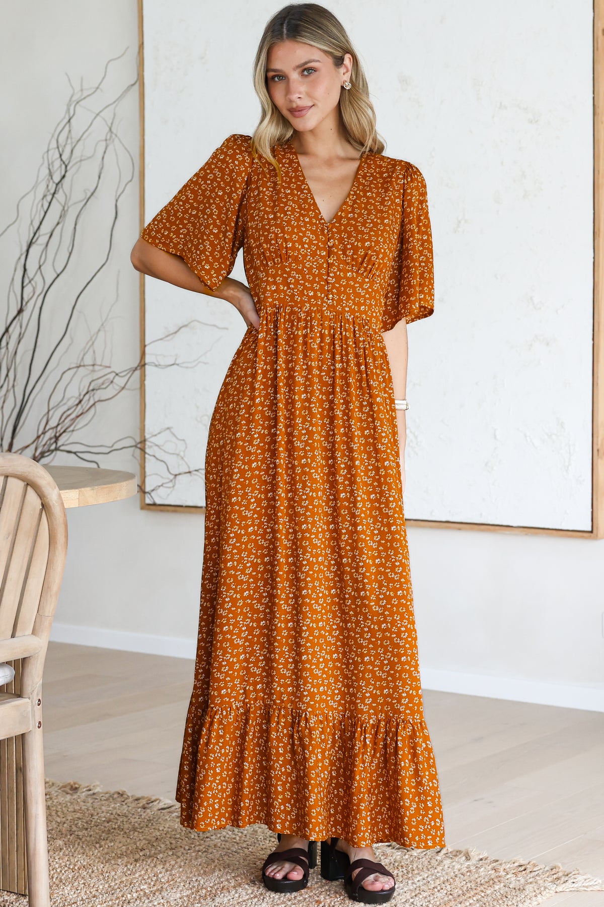 Winifred Maxi Dress - V Neck Button-Front A Line Dress with Flutter Sleeves in Leora Print Mustard