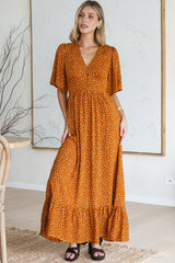 Winifred Maxi Dress - V Neck Button-Front A Line Dress with Flutter Sleeves in Leora Print Mustard