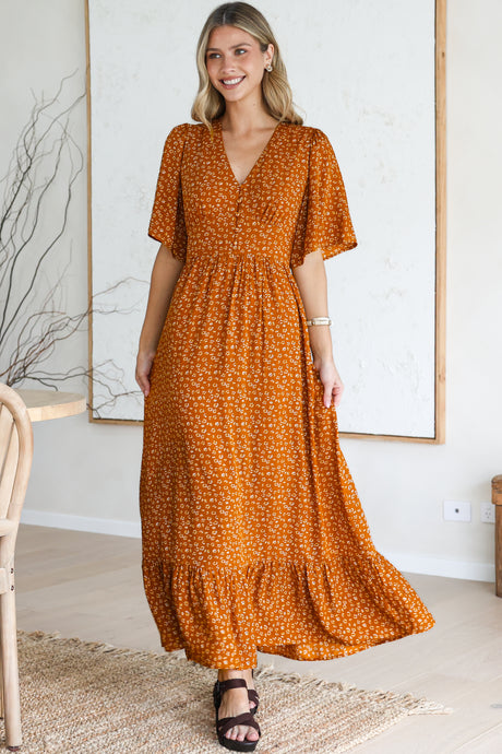Winifred Maxi Dress - V Neck Button-Front A Line Dress with Flutter Sleeves in Leora Print Mustard