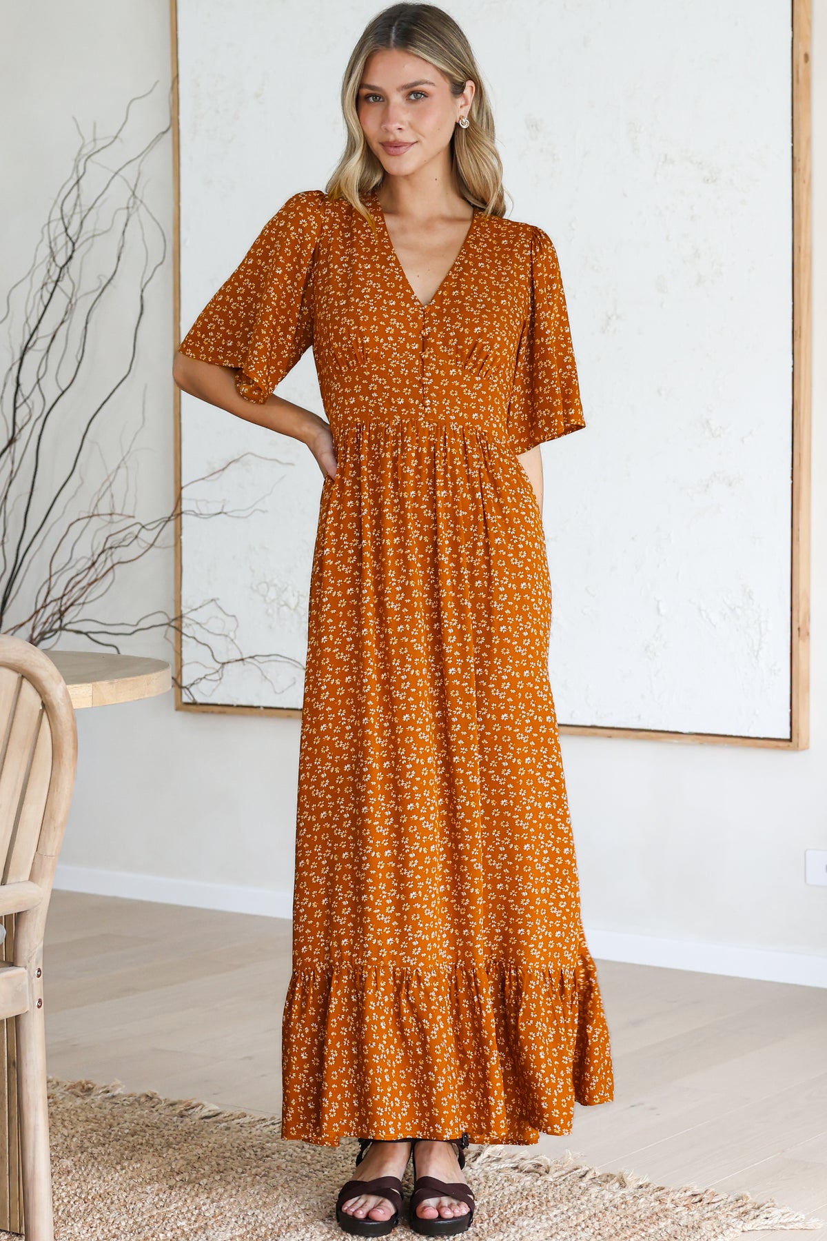 Winifred Maxi Dress - V Neck Button-Front A Line Dress with Flutter Sleeves in Leora Print Mustard