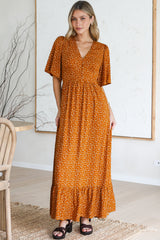 Winifred Maxi Dress - V Neck Button-Front A Line Dress with Flutter Sleeves in Leora Print Mustard