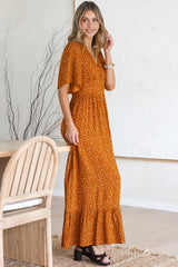 Winifred Maxi Dress - V Neck Button-Front A Line Dress with Flutter Sleeves in Leora Print Mustard