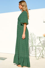 Winifred Maxi Dress - V Neck Button-Front A Line Dress with Flutter Sleeves in Mitzi Print Green