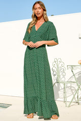 Winifred Maxi Dress - V Neck Button-Front A Line Dress with Flutter Sleeves in Mitzi Print Green