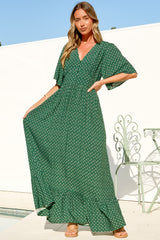 Winifred Maxi Dress - V Neck Button-Front A Line Dress with Flutter Sleeves in Mitzi Print Green
