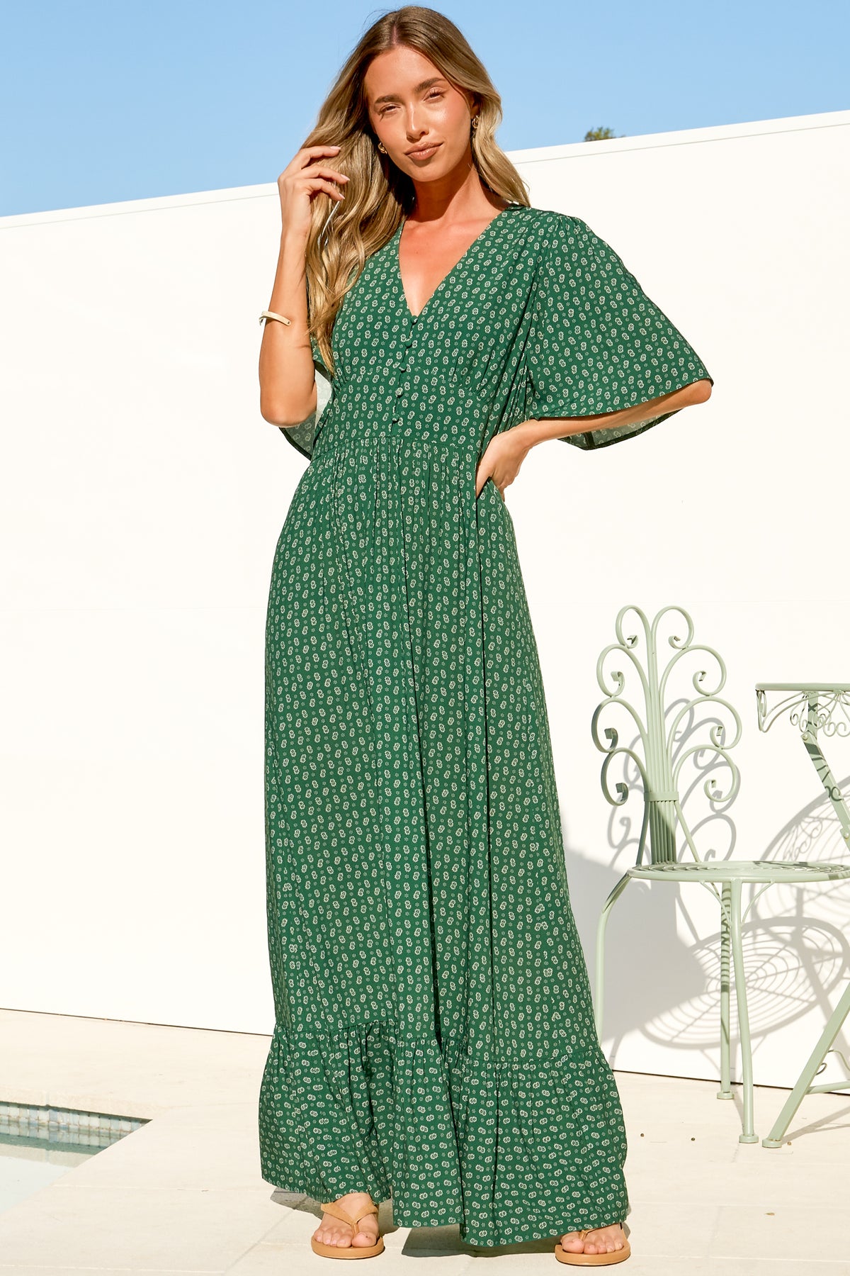 Winifred Maxi Dress - V Neck Button-Front A Line Dress with Flutter Sleeves in Mitzi Print Green