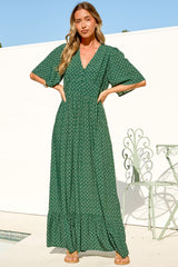 Winifred Maxi Dress - V Neck Button-Front A Line Dress with Flutter Sleeves in Mitzi Print Green