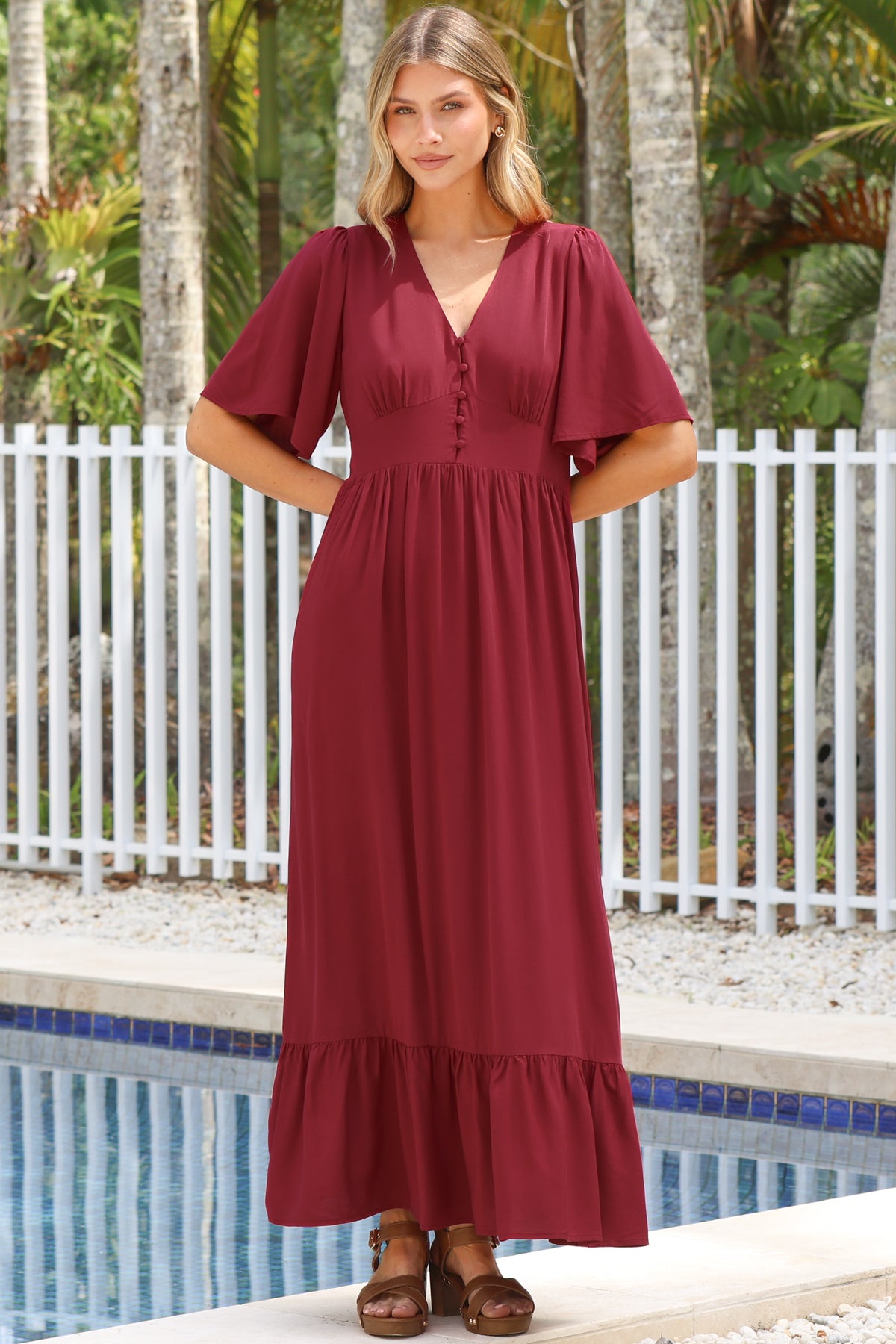 Winifred Maxi Dress - V Neck Button-Front A Line Dress with Flutter Sleeves in Wine