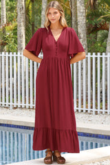 Winifred Maxi Dress - V Neck Button-Front A Line Dress with Flutter Sleeves in Wine