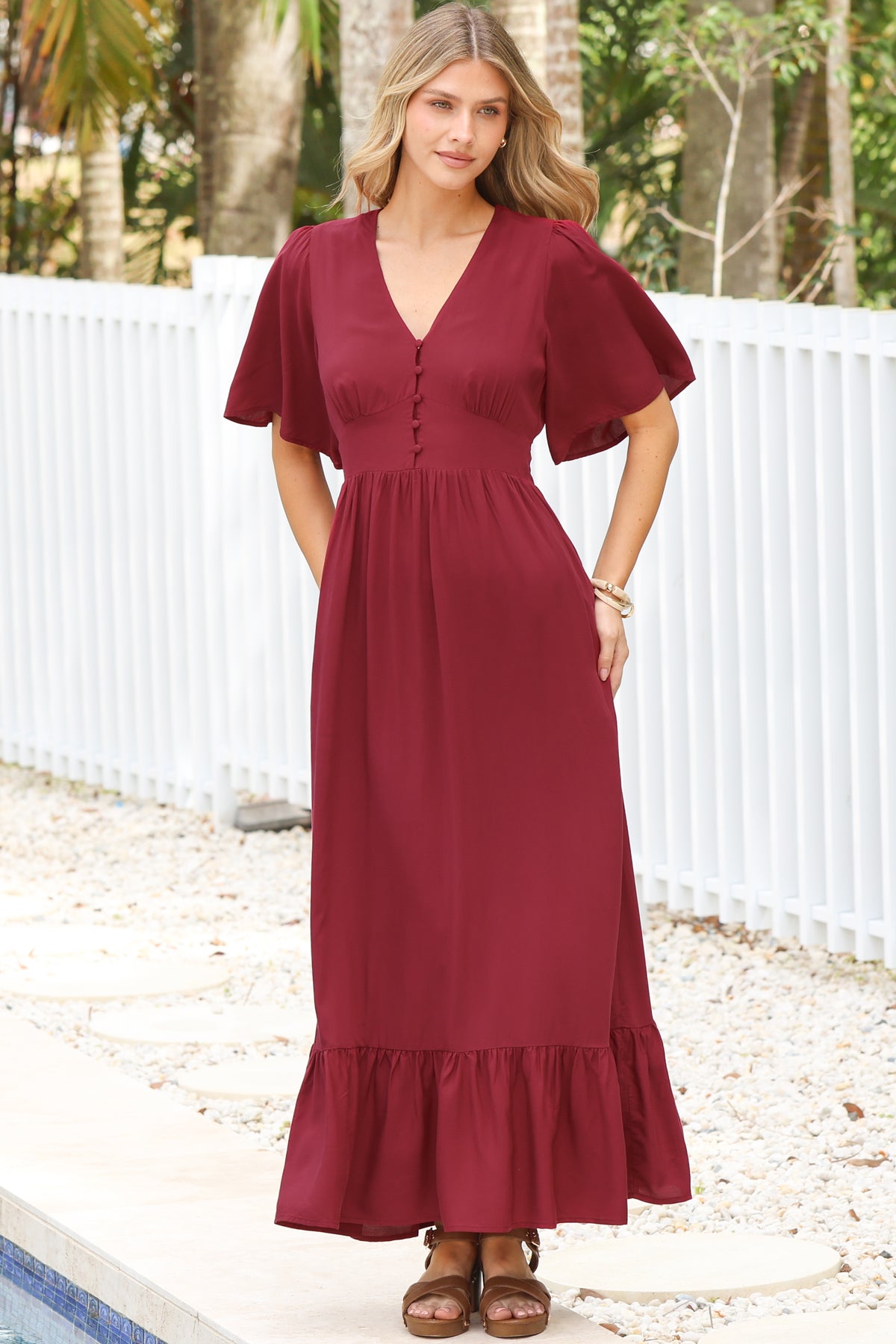Winifred Maxi Dress - V Neck Button-Front A Line Dress with Flutter Sleeves in Wine