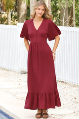 Winifred Maxi Dress - V Neck Button-Front A Line Dress with Flutter Sleeves in Wine