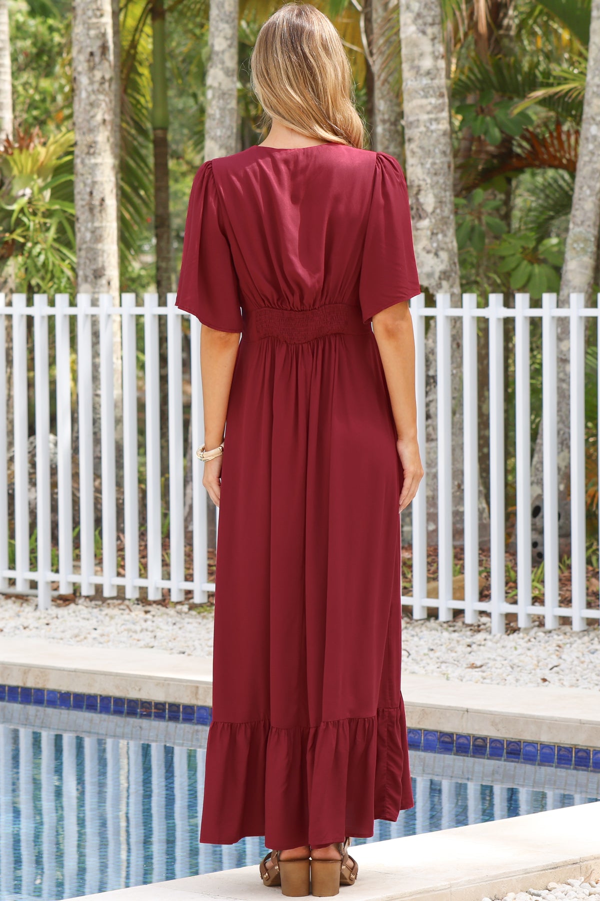 Winifred Maxi Dress - V Neck Button-Front A Line Dress with Flutter Sleeves in Wine